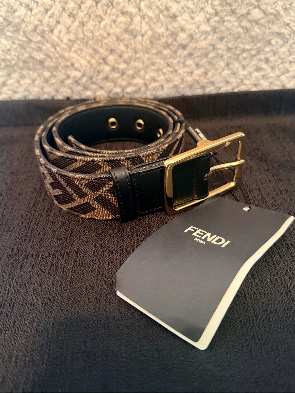 Fendi Brown FF Monogram Canvas Belt with Gold Buckle